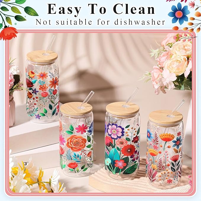 Mumufy Gift for Women Cute Glass Cup Tumbler Flower Iced Coffee Mugs 16 oz Glass with Bamboo Lid & Straw, Mothers Day Birthday Gift for Mom Sister Bridesmaid Baby Shower(4 Pack,Abstract Flower)