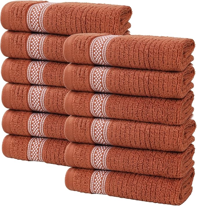 Superior Cotton Face Towel/Washcloth Set, Zero Twist, Ribbed Geometric, Small Facial Towels, Spa, Hotel, Guest, Home, Bathroom Basics, Plush Soft Absorbent, Luxury Quick Drying, Set of 12, Rust