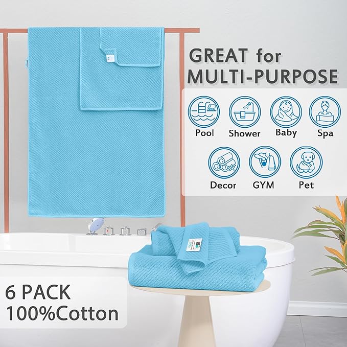 Towels for Bathroom - 100% Cotton | Quick Dry | Lightweight | Thick | Soft, Towel Set of 6, 2 Large Bath 30"x56", 2 Hand 18"x28", 2 Wash Cloths 13"x13", Luxury Towel Gift Set, Blue Towels Bathroom Set
