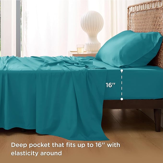 Bedsure Cooling Sheets Twin, Rayon Derived from Bamboo, Breathable & Soft Twin Sheets Set, Deep Pocket Up to 16 Inches, Hotel Luxury Silky Bedding for Hot Sleepers, Turquoise