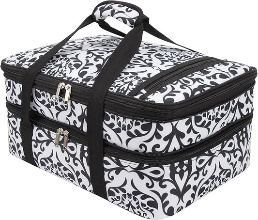 Insulated Casserole Carrier Bag - Double Decker Portable Lunch Transport Tote Bag Fits 9"x13" Lasagna Baking Dish to Keep Food Hot/Cold for Gathering/Potluck Parties/Cookouts/Picnics -Black/white