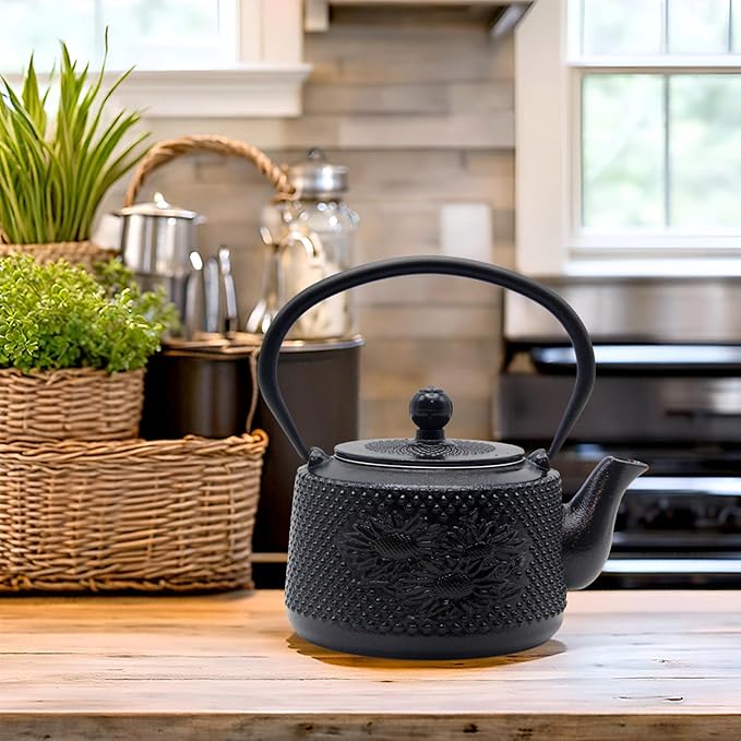 Cast Iron Teapot with Sunflower Pattern,SECHUDO Tea Kettle Coated with Enameled Interior for Loose Tea,Cast Iron Teapot with Stainless Steel Infuser for Stovetop Safe (28.7oz-Black)