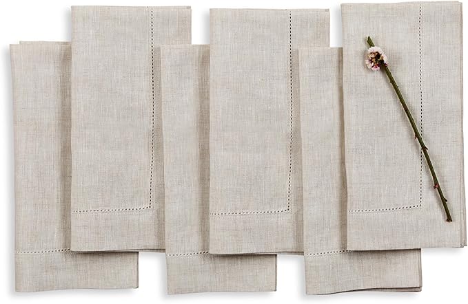Solino Home Light Natural Linen Napkins Set of 6-100% Pure Linen Hemstitch Dinner Napkins 20 x 20 Inch for Holiday, New Year - Classic Hemstitch