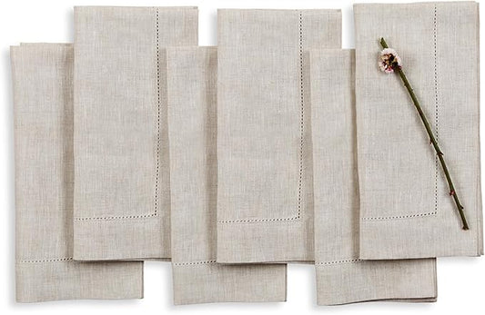 Solino Home Light Natural Linen Napkins Set of 6-100% Pure Linen Hemstitch Dinner Napkins 20 x 20 Inch for Holiday, New Year - Classic Hemstitch