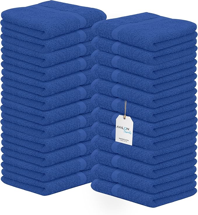 Avalon Towels Cotton Washcloths – (Pack of 24) Size 12x12 Inches, 100% Ring Spun Cotton, Soft & Absorbent Face Towels, Gym Towels, Hotel and Spa Quality, Reusable Fingertip Towels (Blue)