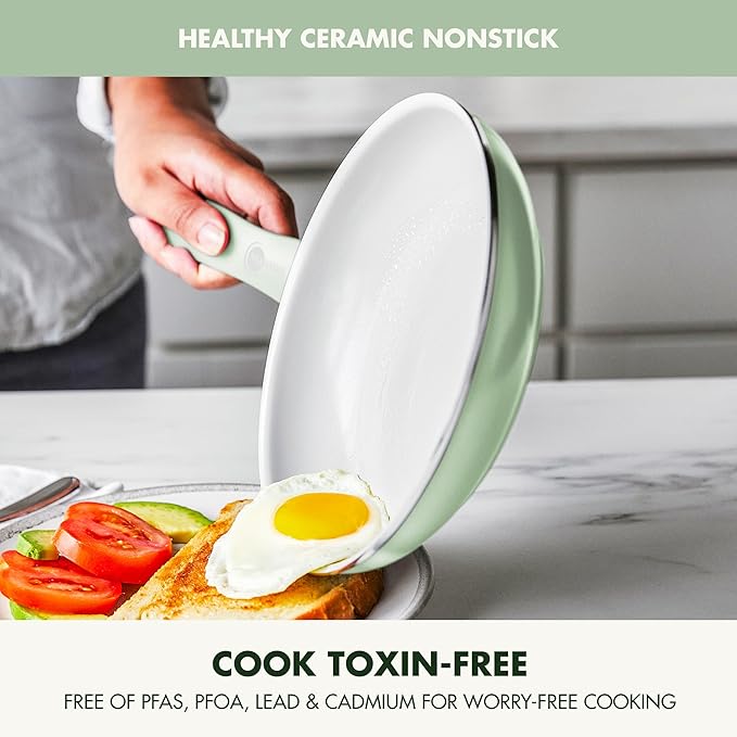 GreenPan Dover Healthy Ceramic Nonstick, 12 Piece Cookware Pots and Pans Set, PFAS-Free, Dishwasher Safe, Comfort Grip Handle, Pastel Green