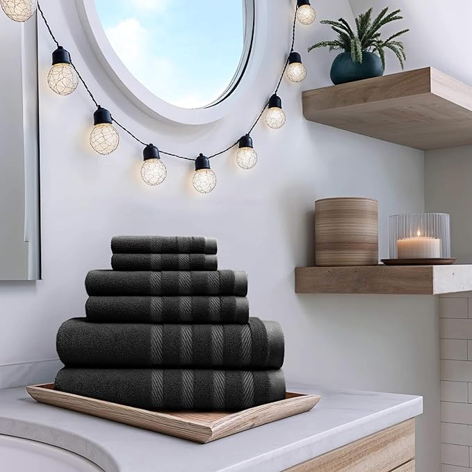 Hearth & Harbor Bath Towels for Bathroom - 100% Ring Spun Cotton Luxury Bathroom Towels - Soft & Highly Absorbent Bath Towels Set, 6 Piece Set, Black