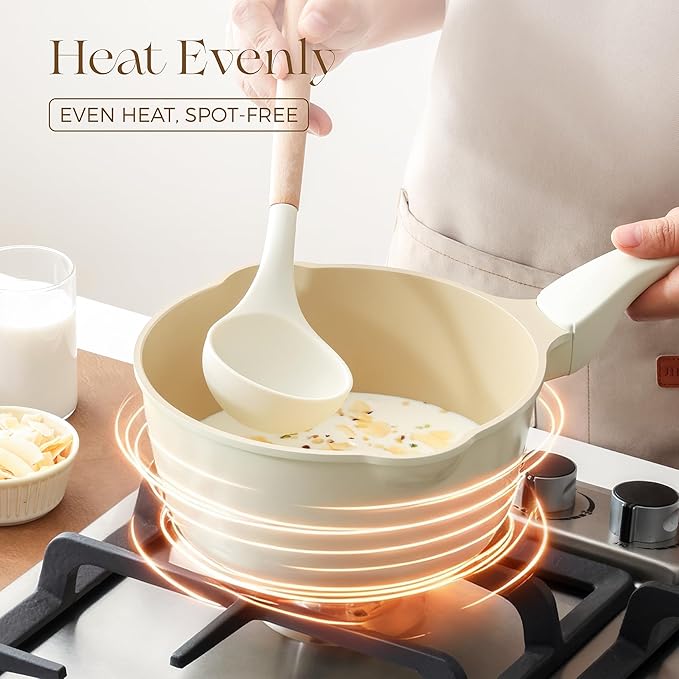 PRICUSIS Ceramic Nonstick Saucepan with Lid, 2 Quart Non Toxic Pot with Pour Spouts, Full Coated, 100% Dishwasher Safe, Induction Compatible & Oven Safe, PTFE PFAS & PFOA Free, Coconut White