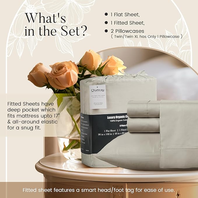 Organic Cotton Sheets Queen Size Bed Set Deep Pockets, 4 PC Cotton Queen Sheet Set, Soft Breathable Sateen Weave Elasticated Sheet & Pillowcase Sets, No Pill & Shrink, Machine washable- Silver