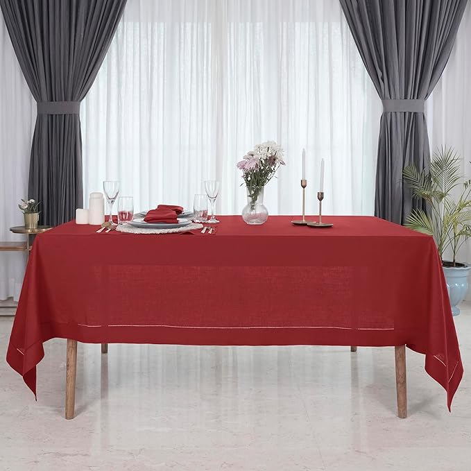 D'Moksha Homes Red Linen Tablecloth for Rectangle Tables 60 x 102 Inch - Classic Hemstitch 100% Pure Linen Red Table Cloth - Machine Washable Dining Tablecloth for Winter, Christmas, Holiday, New Year