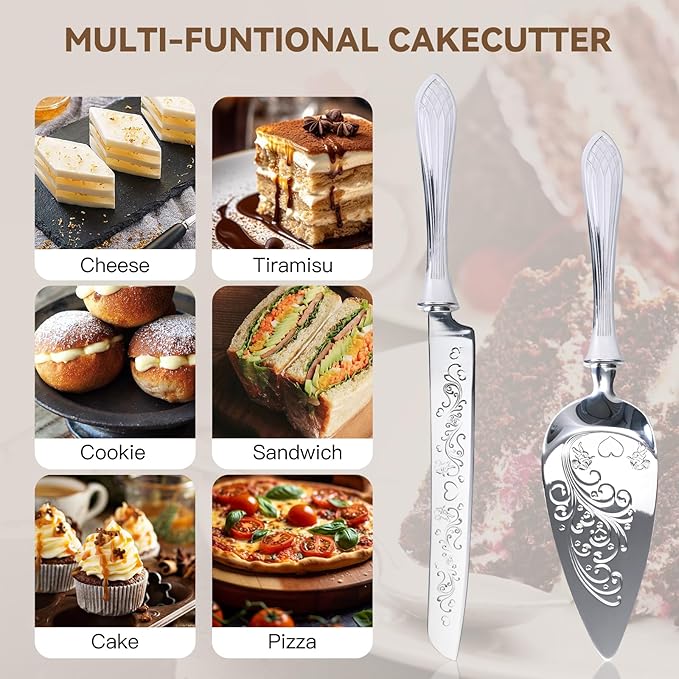 KSENDALO Wedding Cake Cutting Set - Cake Knife and Server Set, Deluxe SUS304 Stainless Steel Cutter & Server for Weddings, Birthdays, Anniversaries & Celebrations (13.78 Inch, Silver)