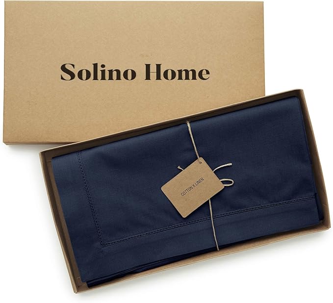 Solino Home Navy Blue Tablecloth 58 x 120 Inch - Cotton Linen Hemstitch Rectangular Tablecloth - Machine Washable Table Cloth for Holiday, Winter, New Year
