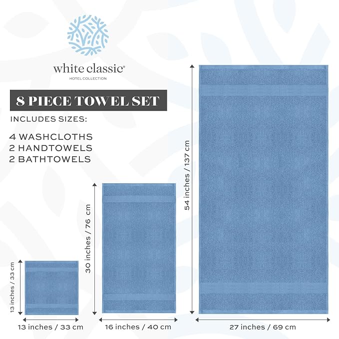 White Classic Luxury Bath Towel Set of 8 Pieces - 100% Turkish Cotton Highly Absorbent Towels for Bathroom, 2 Luxury Bath Towels 700GSM, 2 Hand Towels, 4 Washcloths, Light Blue