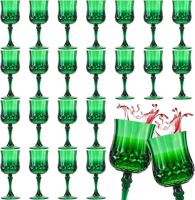 Pinkunn 24 Pcs 7 oz Plastic Vintage Wine Glasses Reusable Colored Goblets Patterned Drinking Water Glasses Cup Dishwasher Safe for Christmas Wedding Reception Party Supplies (Green)