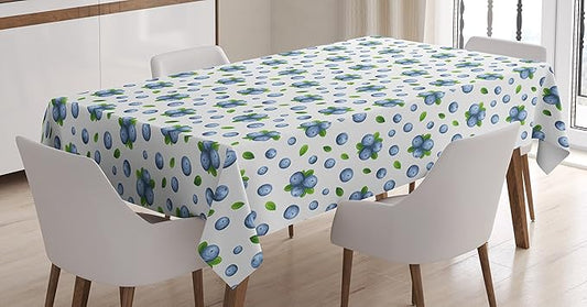 Ambesonne Fruit Tablecloth, Blueberries Ripe Juicy Fruits Summer Food Watercolor Painting Art Style Print, Rectangular Table Cover for Dining Room Kitchen Decor, 60" X 84", White Green Blue