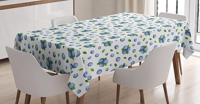 Ambesonne Fruit Tablecloth, Blueberries Ripe Juicy Fruits Summer Food Watercolor Painting Art Style Print, Rectangular Table Cover for Dining Room Kitchen Decor, 52" X 70", White Green Blue