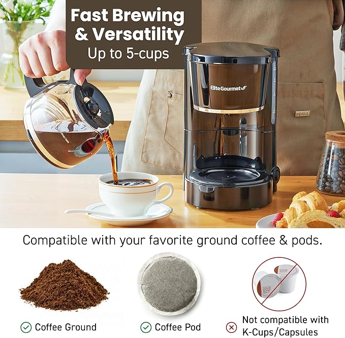 Elite Gourmet EHC-5055 Automatic 5-Cup Brew & Drip Coffee Maker with Pause N Serve Reusable Filter, On/Off Switch, Water Level Indicator