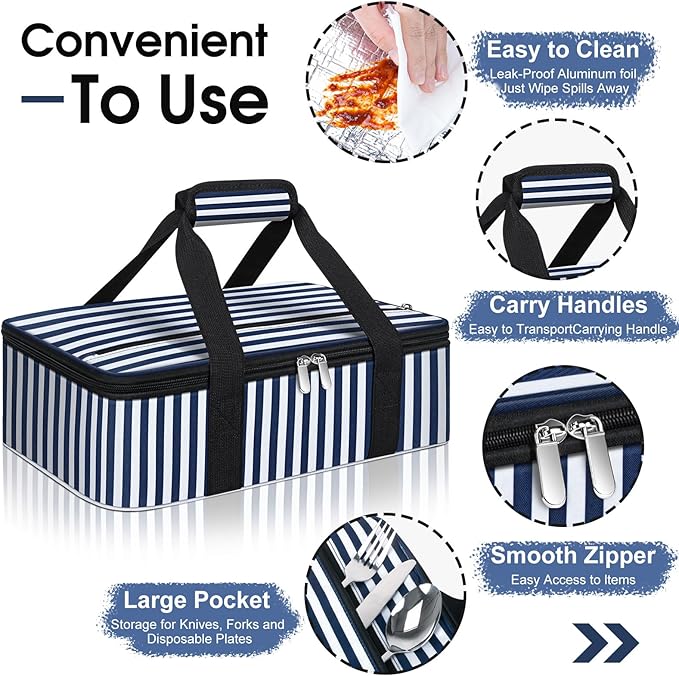 Insulated Casserole Carrier, Portable Casserole Carrier for Hot or Cold Food Lunch Tote Warmer or Cooler Bag, Lasagna Lunch Bag for Potluck Parties- Fits 9" x 13" Baking Dish-Blue Stripes