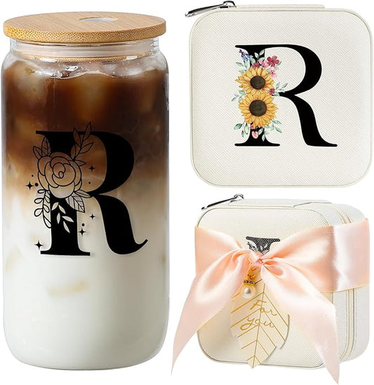 AYGXU Glass Travel Jewelry Box with Bamboo Lids - Small Organizer for Gifts, Initial R White