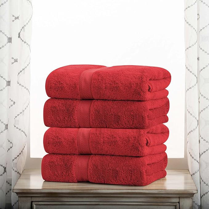 Superior Egyptian Cotton Pile Bath Towel Set of 4, Ultra Soft Luxury Towels, Thick Plush Essentials, Absorbent Heavyweight, Guest Bath, Hotel, Spa, Home Bathroom, Shower Basics, Red