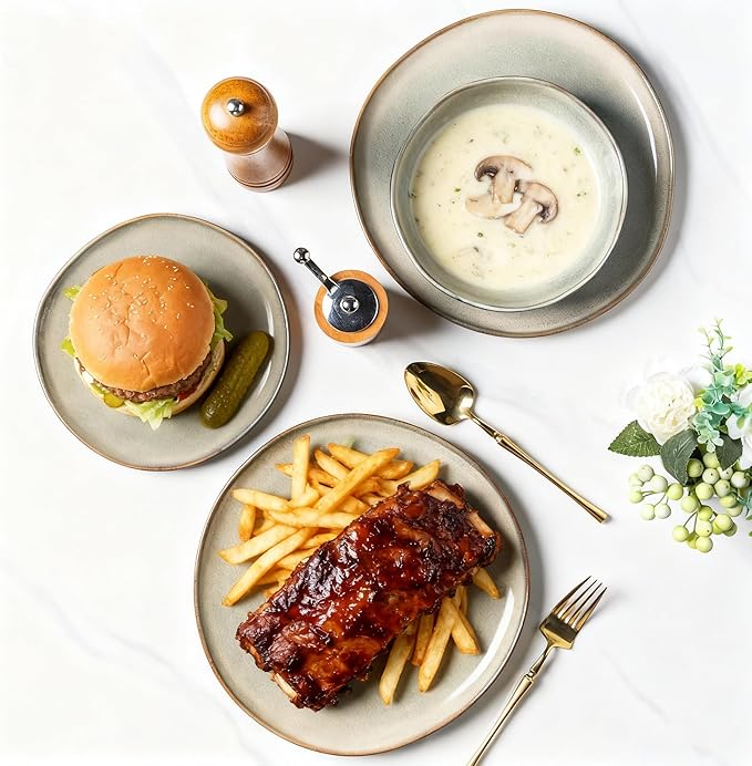 AmorArc Ceramic Dinnerware Sets of 8,Handmade Reactive Stoneware Glaze Plates and Bowls Sets,Highly Scratch Resistant | Dishwasher & Microwave Safe,Service for 8 Dishes Set (24pc)