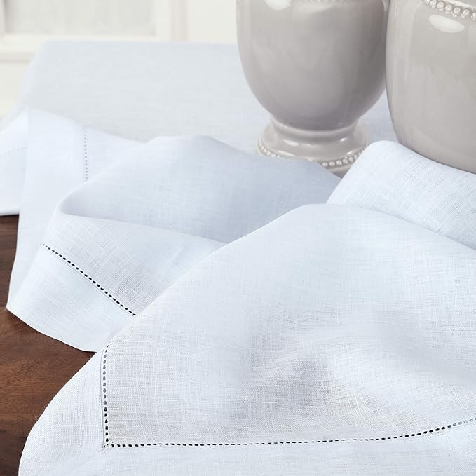 Solino Home Linen Tablecloth 60 x 108 Inch - Classic Hemstitch 100% Pure Linen Light Blue Table Cloth for Rectangle Tables - Machine Washable Tablecloth for Winter, New Year