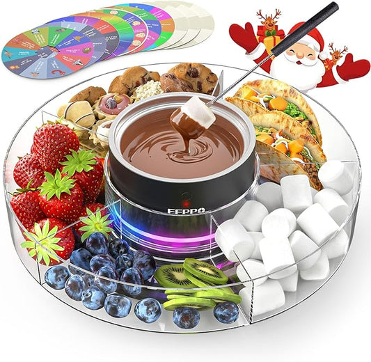 FEPPO Cordless Electric Fondue Pot Set with Mood Light, 4500mAh Rechargeable Battery Powered - 7 Roulette Cards & Detachable Serving Tray, 13.5 oz Chocolate Melting Machine, Ideal Gift for Parties