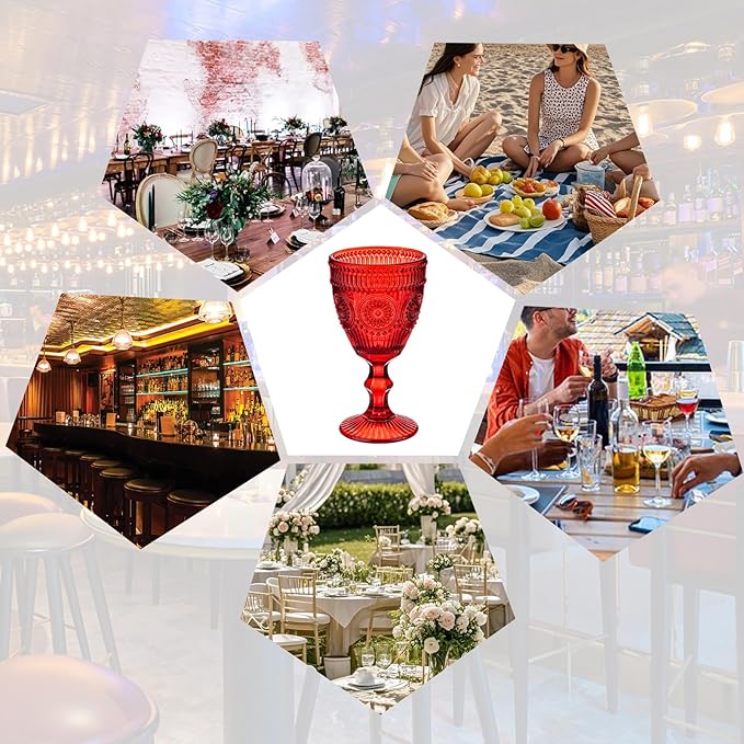 24 Pcs Red Vintage Wine Glasses Set, 10 Ounces Colored Glass Water Goblets, Unique Floral Embossed Pattern High Clear Stemmed Glassware Wedding Party Bar Drinking Cups Fancy Glasses Hand Wash Only