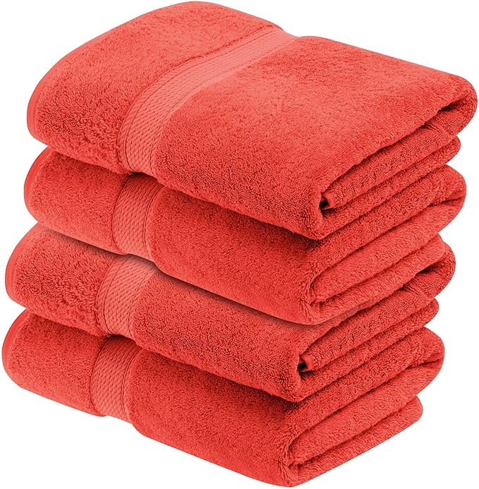 Superior Egyptian Cotton Pile Bath Towel Set of 4, Ultra Soft Luxury Towels, Thick Plush Essentials, Absorbent Heavyweight, Guest Bath, Hotel, Spa, Home Bathroom, Shower Basics, Coral