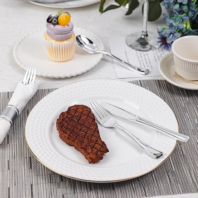 N9R 120 Pack Pre Rolled Silver Plastic Silverware Set, Wrapped Silverware Set Disposable with 120 Forks, 120 Knives, 120 Spoons, 120 Napkins, Disposable Cutlery Set for Party and Wedding