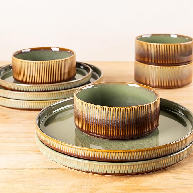 TheTerra Ceramic Dinnerware Sets for 4, 12 Pieces Porcelain Lightweight Plates and Bowls Sets, Scratch Resistant Dish Set, Oven & Microwave & Dishwasher Safe, Sage Umber