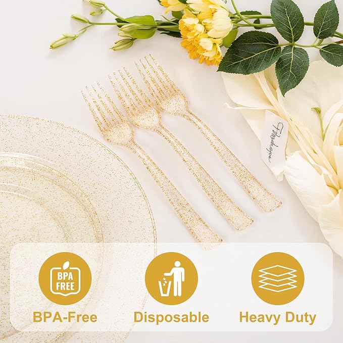 YOUBET 50PCS Gold Glitter Plastic Forks - Heavy Duty Plastic Forks - Solid Durable Gold Glitter Disposable Silverware for Party Picnic Wedding and Daily Use