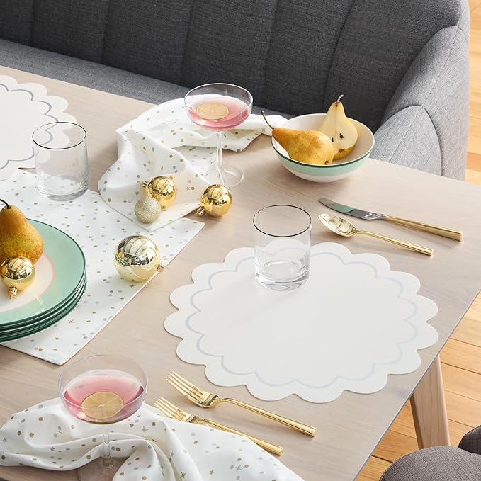 Kate Spade New York Scallop Edge Round Reversible Placemats 6-Pack Set, Imitation Leather with Metallic Print, Water Resistant, Easy Wipe Clean, White/Silver, 15" Round