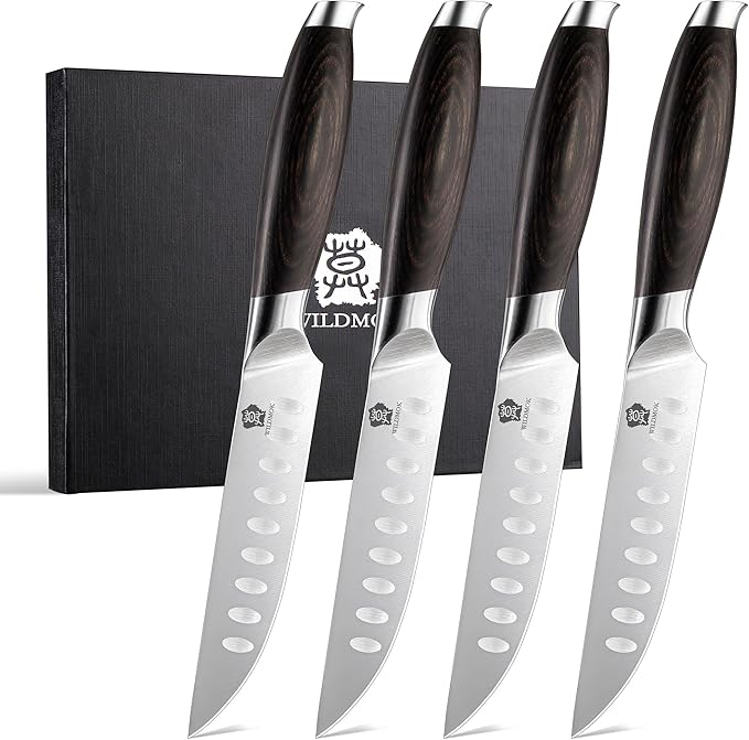WILDMOK 5 Inch Steak Knives Set of 4, Ultra Sharp Steak Knives Kitchen Knives Set, German Stainless Steel Steak Knife Set Black Pakkawood Handle with Gift Box