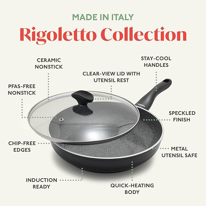 Rigoletto 3.1QT Nonstick Sauté Pan & Lid, Made in Italy, Layered Ceramic PFAS-Free Surface, Induction Ready, Dishwasher & Metal Utensil Safe, Granite Finish, Stay-Cool Handle, Black