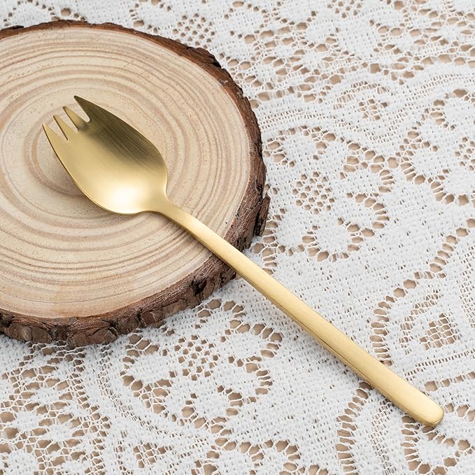 8-Piece Gold Salad Serving Set - 11.4 inch Stainless Steel Spoon & Fork with 6 Salad Forks, Titanium Plating, Dishwasher Safe for Entertaining, Parties