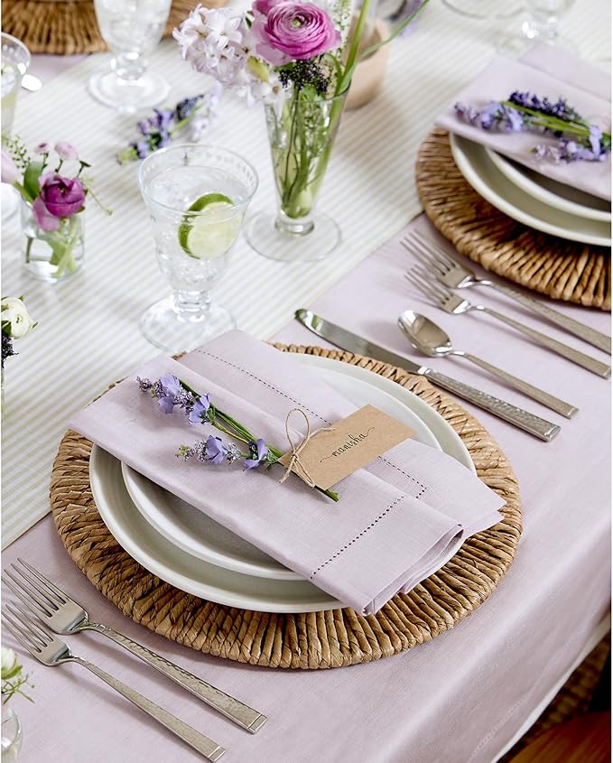 Solino Home Linen Napkins Set of 6 - Classic Hemstitch 100% Pure Linen Lilac Dinner Napkins Cloth 20 x 20 Inch for Valentines - Handcrafted and Machine Washable