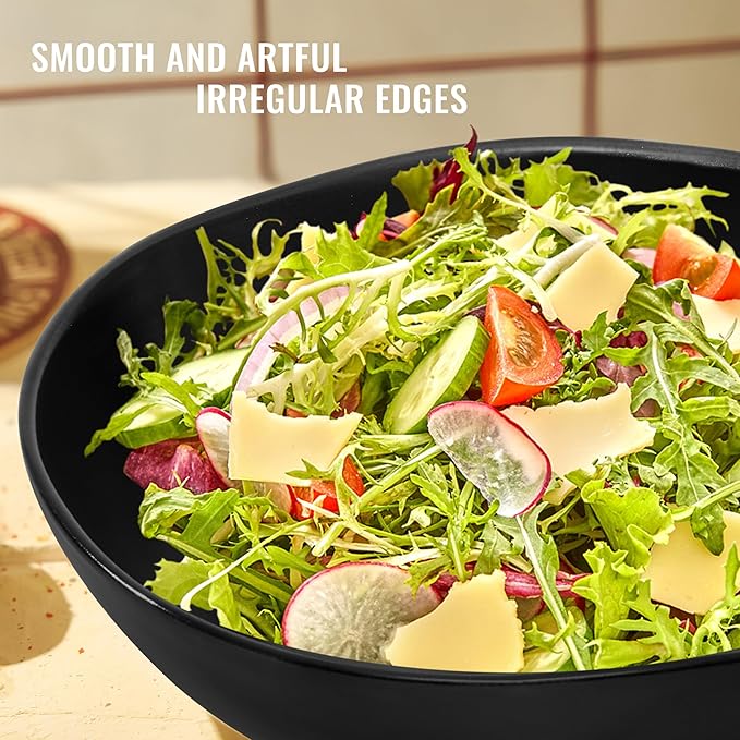 Herogo 12Pcs Plates and Bowls Set for 4, Irregular Handmade Stoneware Dinnerware, Crack and Scratch Resistant, Microwave & Dishwasher Safe, Reactive Glaze, Artistic Rustic Tableware, Matte Black