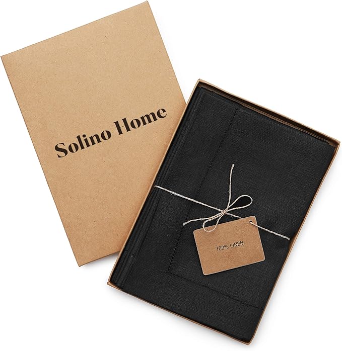 Solino Home Black Linen Napkins Set of 4-100% Pure Linen Hemstitch Dinner Napkins 20 x 20 Inch for Winter, Holiday, New Year - Classic Hemstitch