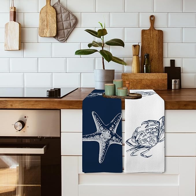 Coastal Blue Crab Starfish Bathroom Hand Towels Sets of 2, Nautical Beachy Ocean Theme Bathroom Decor Accessories, Coastal Beach Navy Blue Decor Kitchen Dish Tea Towels for Kitchen, 16x24Inch