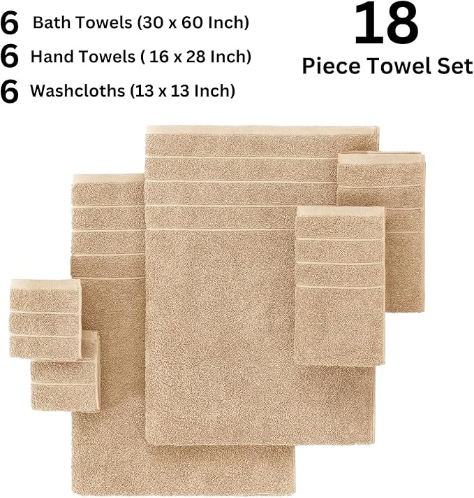 Casa Platino 100% Mercerized Cotton Bathroom Towel Set - 18 Pcs - Ring Spun, Super Soft & Highly Absorbent - 6 Large Bath Towels, 6 Washcloths, 6 Hand Towels - Wide Variety of Colours - Beige