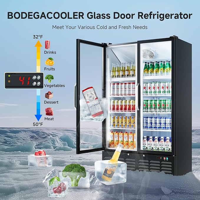 BODEGACOOLER Commercial Merchandiser Refrigerator, 2 Glass Door Display Refrigerator, 27.02 Cu.Ft Upright Beverage Display Cooler with Soft LED Light, Adjustable Shelves, 4 Strong Castors(Black)