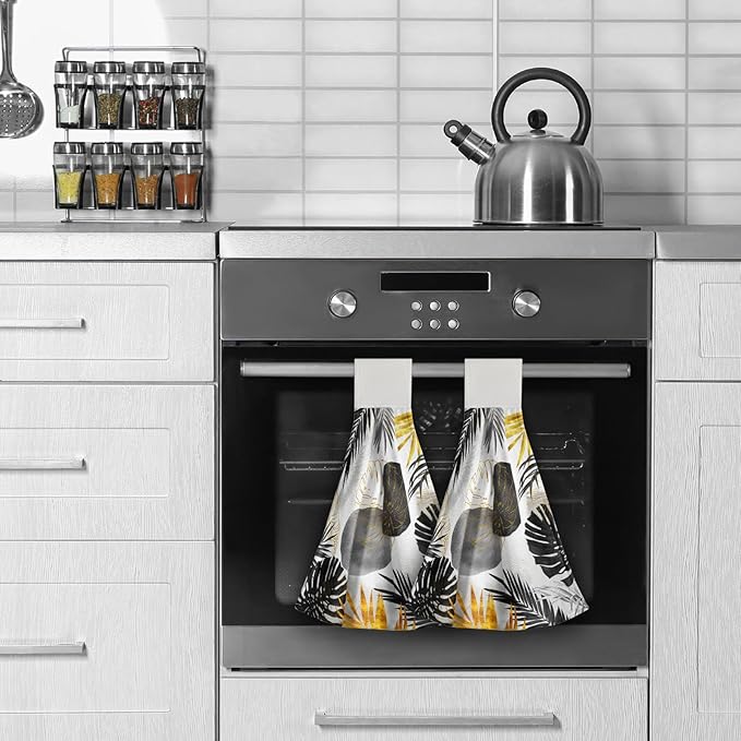 Giwawa Black and Gold Leaves Hanging Kitchen Towels 2 Pcs Tropical Palm Leaf Hand Towels Soft Tea Bar Dish Cloths Dry Towel for Bathroom Laundry