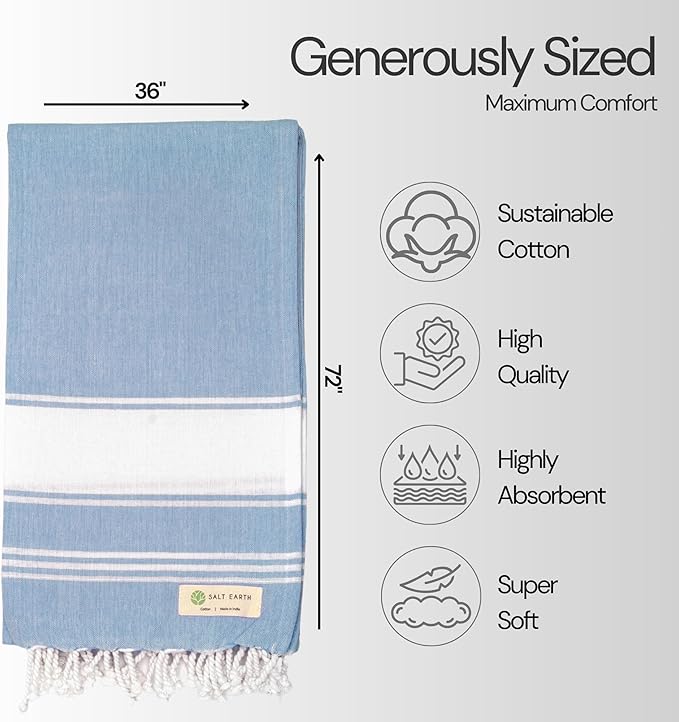 Salt Earth Cotton Turkish Beach Towel, Set of 4-36" X72" Large Bath Towels, Quick Dry Towel, Bathroom, Beach Essentials, Gym, Quick Dry for Shower, Lightweight Large Towels for All (Sky Blue)