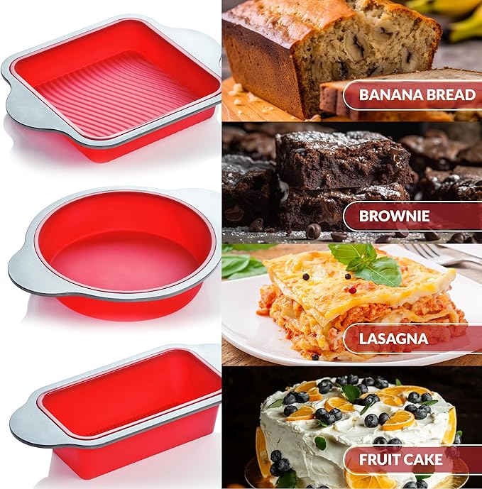 Boxiki Kitchen Silicone Baking Pans Set. 3 PCS Professional Non-Stick Baking Cake Pans Set includes Silicone Round Cake Pan, Square Cake Pan and Bread Loaf Pan.