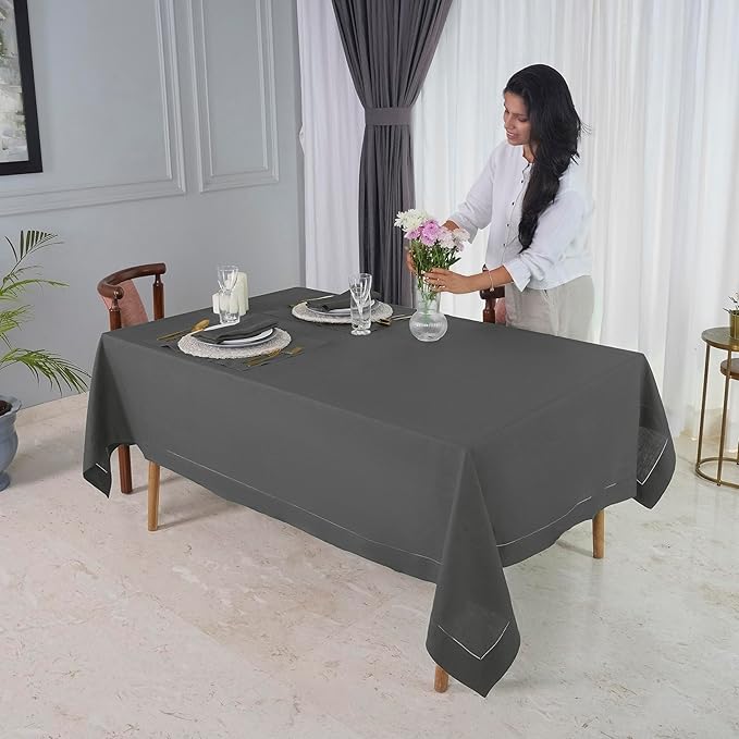 D'Moksha Homes Charcoal Grey Linen Tablecloth for Rectangle Tables 60 x 90 Inch - 100% Pure Linen Grey Table Cloth - Classic Hemstitch, Machine Washable Tablecloth for Christmas, Holiday, New Year
