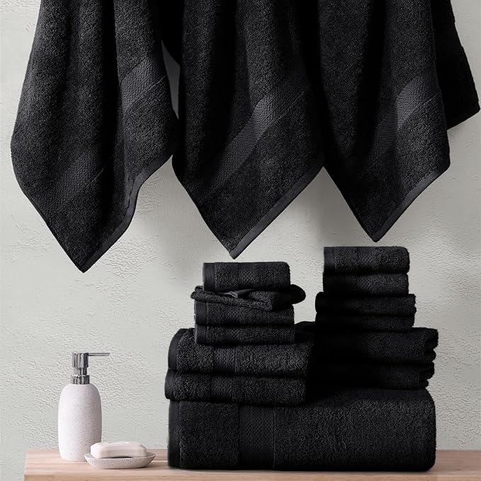 LANE LINEN 100% Ring Spun Cotton Black Bath Towel Set, 18PCs - 6 Hand, 8 Washcloths, 4 Shower Towels - Machine Washable & Sustainably Produced, Ultra Soft, Highly Absorbent & Pet Friendly