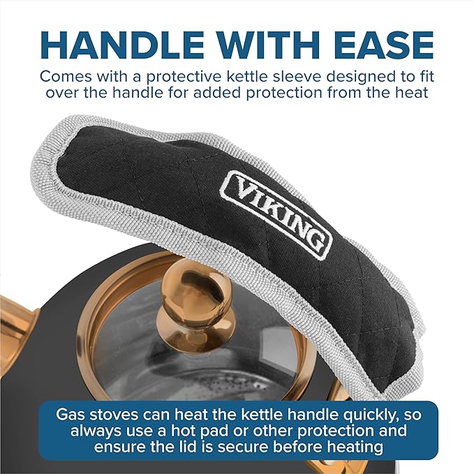 Viking 3-Ply Stainless Steel Tea Kettle, 2.6 Quart Stovetop Hot Water Pot with Tempered Glass Lid, Ergonomic Handle, Induction Ready, Matte Black and Copper