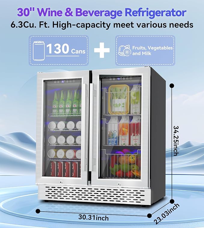 Dual Zone Beverage Refrigerator, 30'' Beverage Fridge with Detachable Basket, Intelligent Control Beverage Cooler with Glass Door Built-in or Freestanding with Blue LED Light, Hold 130 Can 60 Bottle