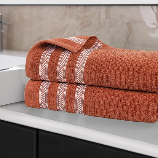 Superior Cotton Bath Sheet Set, Zero Twist, Ribbed Geometric, Oversized Large Absorbent Body Towels, Luxury Soft Quick Dry, Shower, Spa, Hotel, Pool, Guest Bathroom, Home Essentials, Set of 2, Rust